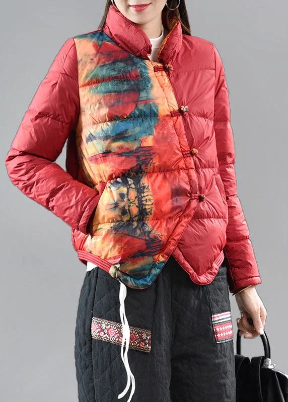 Elegant Red Stand Collar Pockets Print asymmetrical design Winter down coat