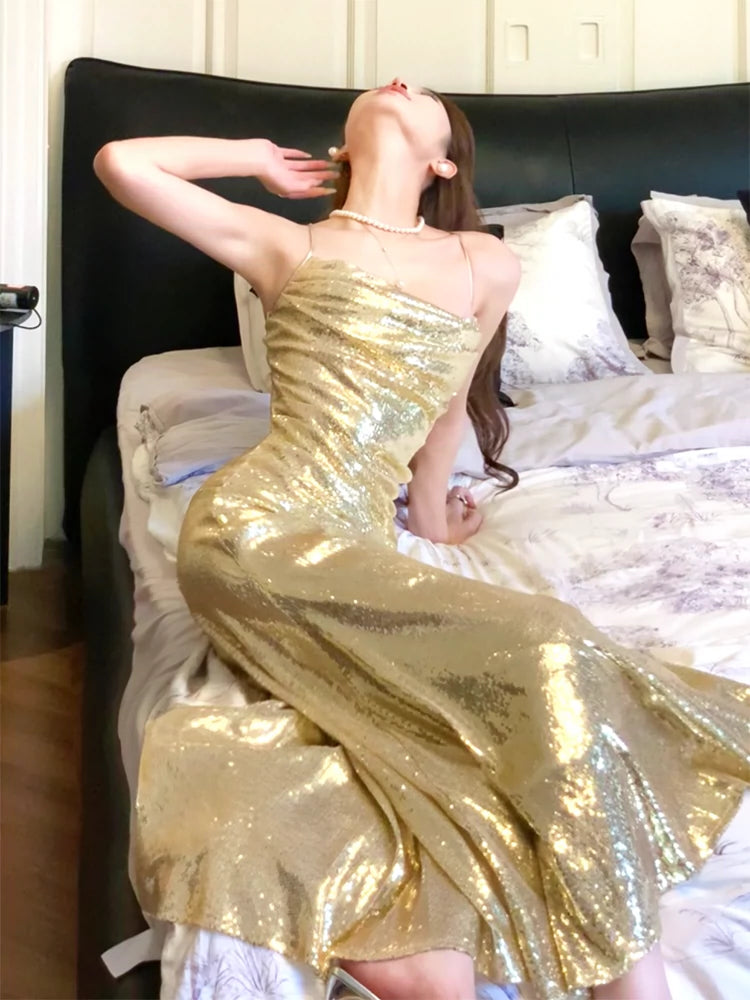 Gold halter neck sequins luxury dress mermaid evening dress    S6048