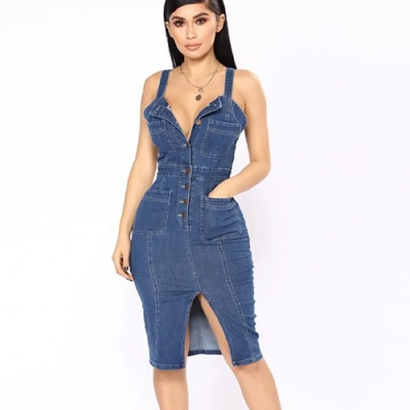 Sleeveless Single Breasted Split Denim Midi Dress