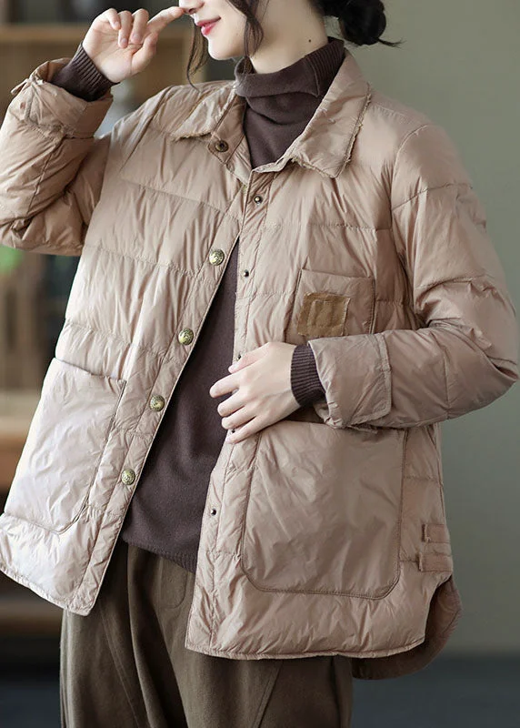 Beautiful Khaki Button Loose low high design Winter Down Coats