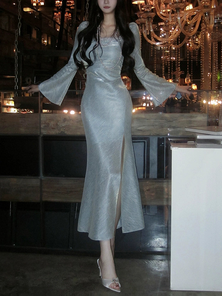 French square neck bubble long sleeve dress mermaid party dress    S6058