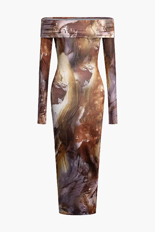 Tie Dye Long Sleeve Off Shoulder Midi Dress