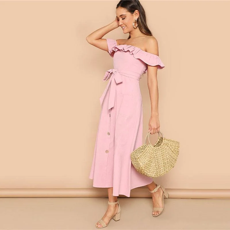 Bohemian Pink Off the Shoulder Midi Dress