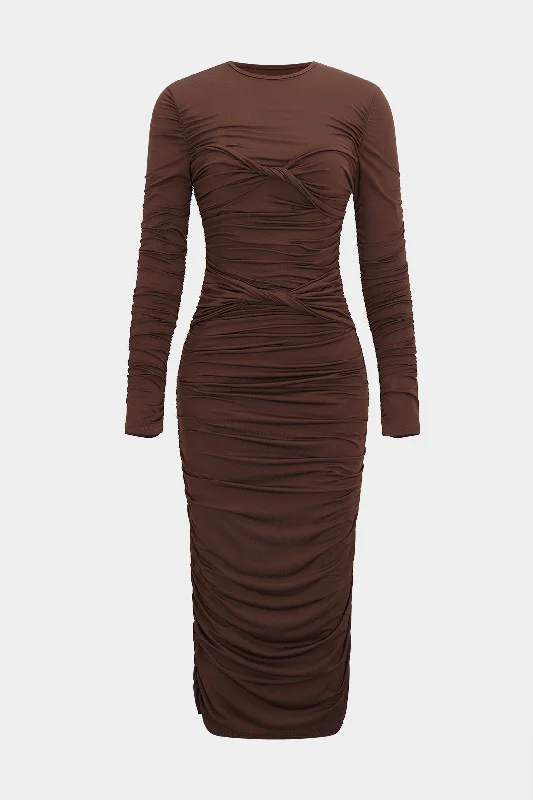 Ruched Round Neck Long-Sleeve Midi Dress