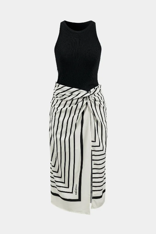 Stripes Print Patchwork Sleeveless Midi Dress