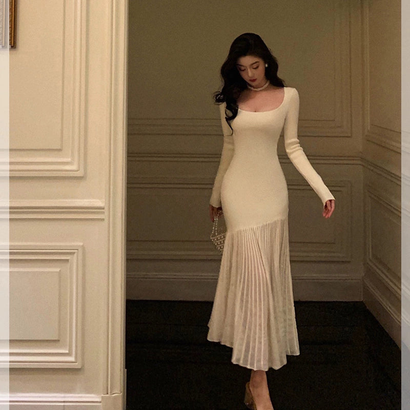 French U-neck knitted dress for women new style party dress  S5660