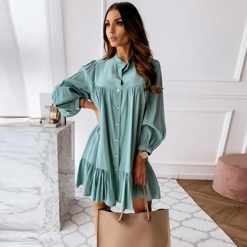 DressBetty - Women Vintage Ruffled Front Button A-line Dress Long Sleeve Stand Collar Solid Elegant Casual Mini Dress Autumn New Dress