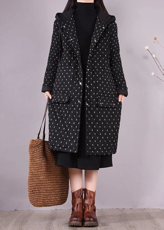 Loose Fitting Coats Black Hooded Pockets Casual Outfit