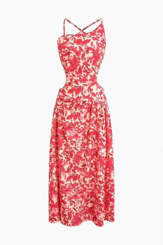 Floral Print Criss Cross Backless Slit Midi Dress