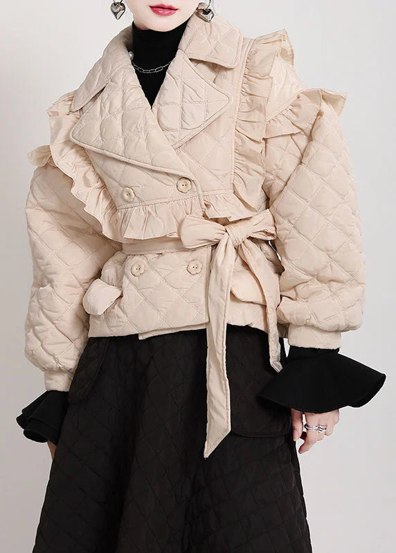 Plus Size Khaki PeterPan Collar Button Ruffled tie Waist Winter Cotton Long sleeve Coat