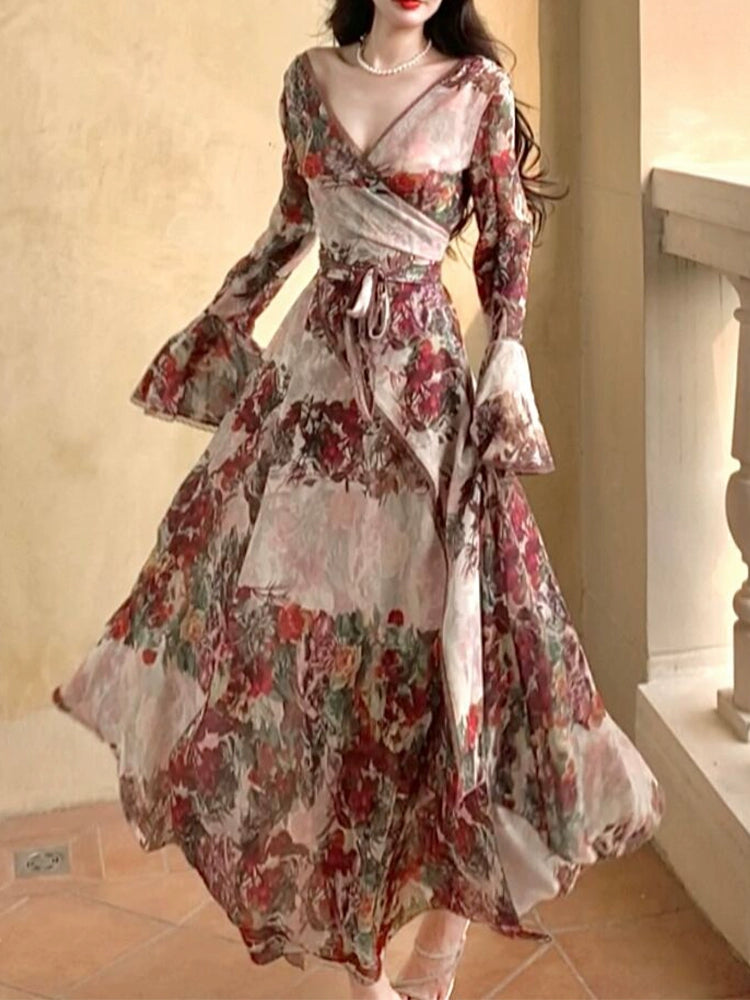 French retro printed dress layered long evening party dress     S5987