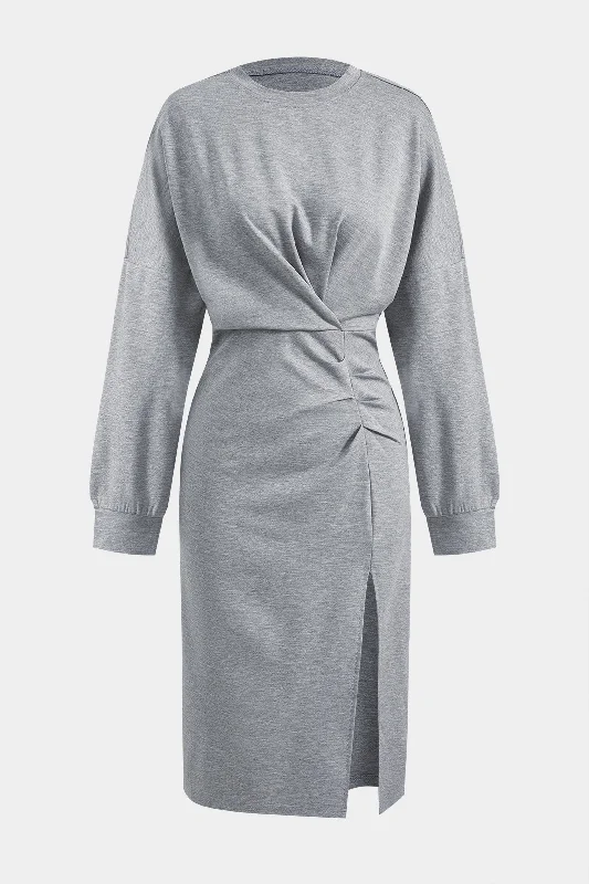 Ruched Slit Round Neck Long Sleeve Midi Dress