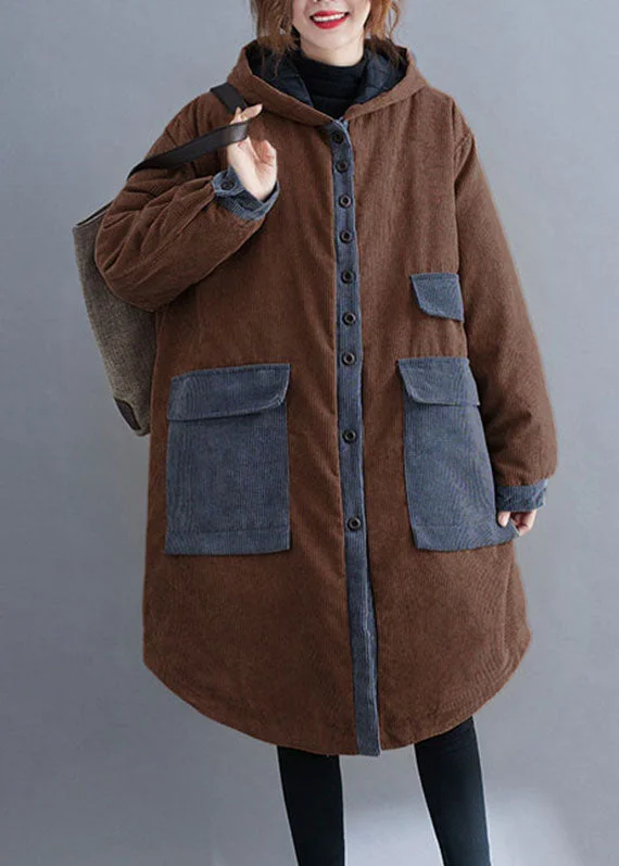 Women Chocolate hooded Pockets Winter Jackets Cotton Thick Coats