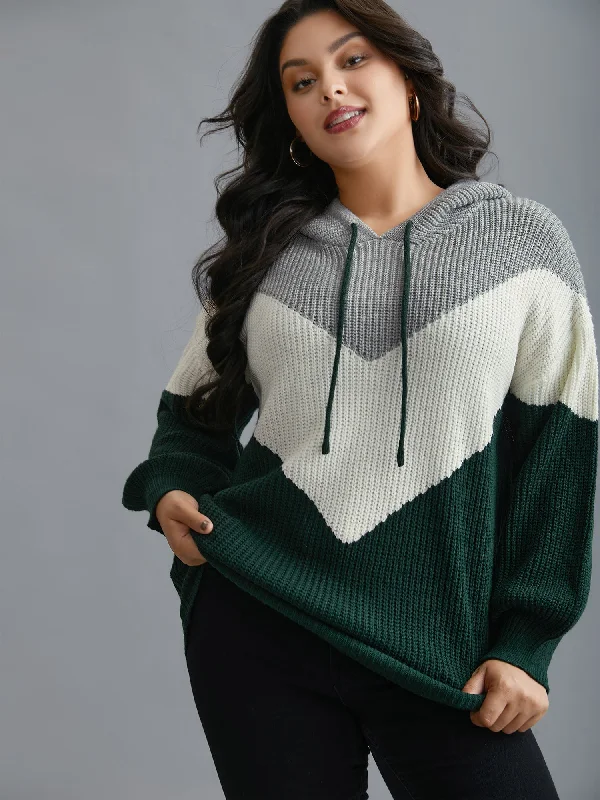 Hooded Color Contrast Drop Shoulder Pullover