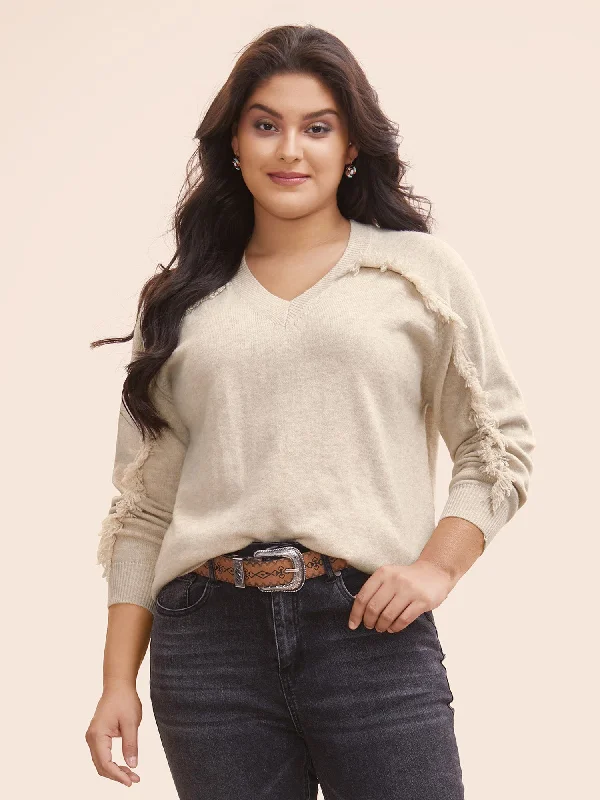 V Neck Raglan Sleeve Fuzzy Trim Pullover