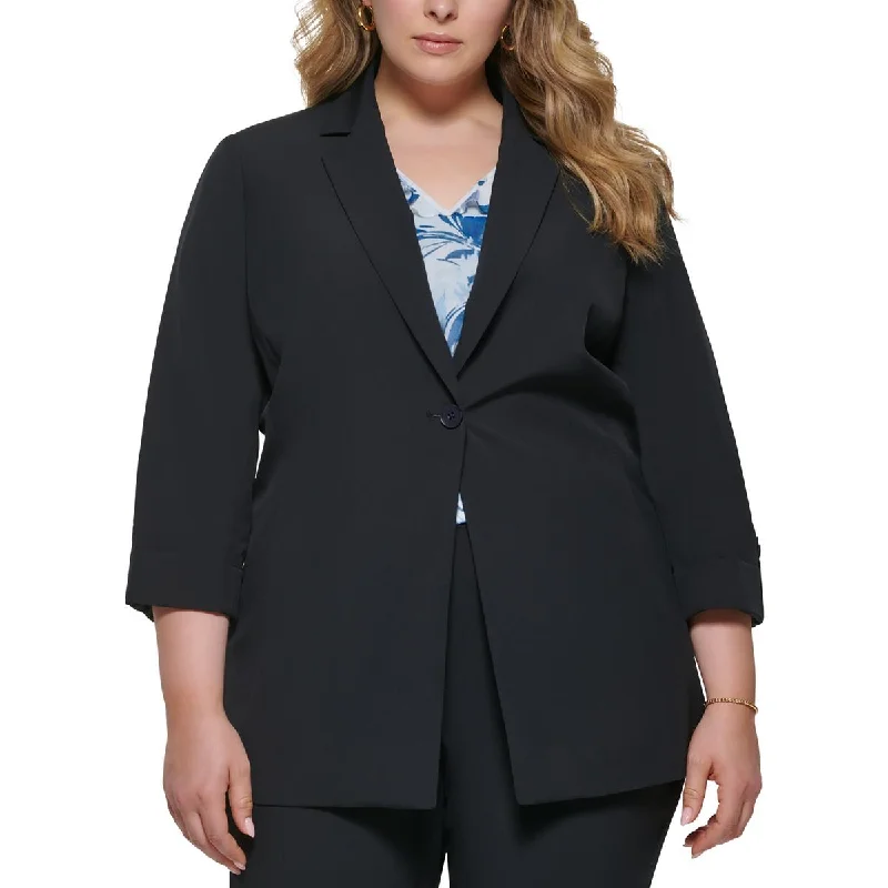 Calvin Klein Womens Plus Knit Roll-Tab One-Button Blazer