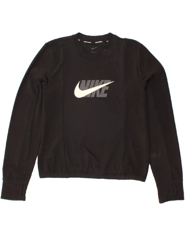 NIKE Womens Dri Fit Crop Graphic Top Long Sleeve UK 14 Medium Black