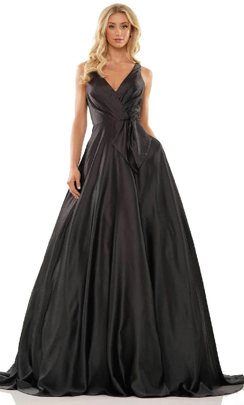 Colors Dress G1100 - V-Neck Bow Accent Satin Prom Gown