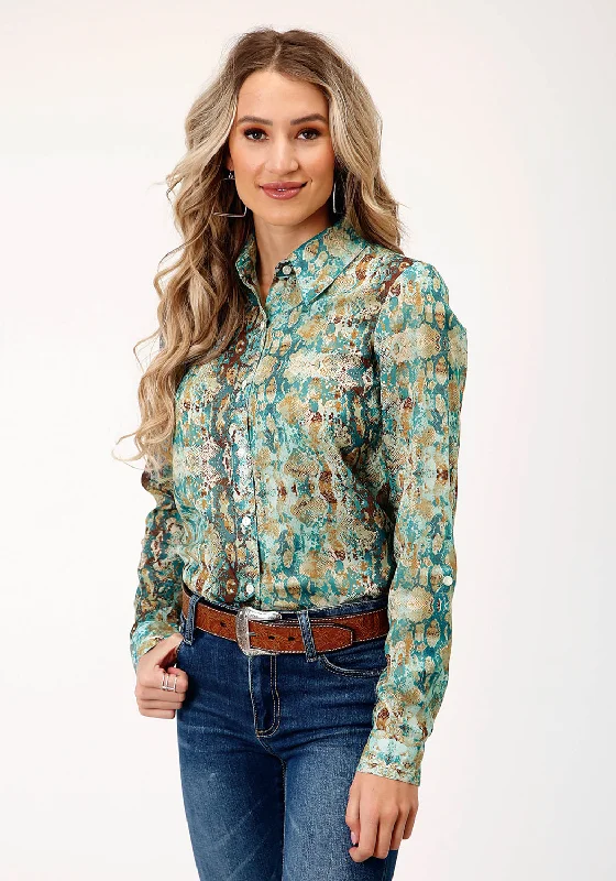 Roper Womens Snake Print Teal 100% Polyester L/S Shirt