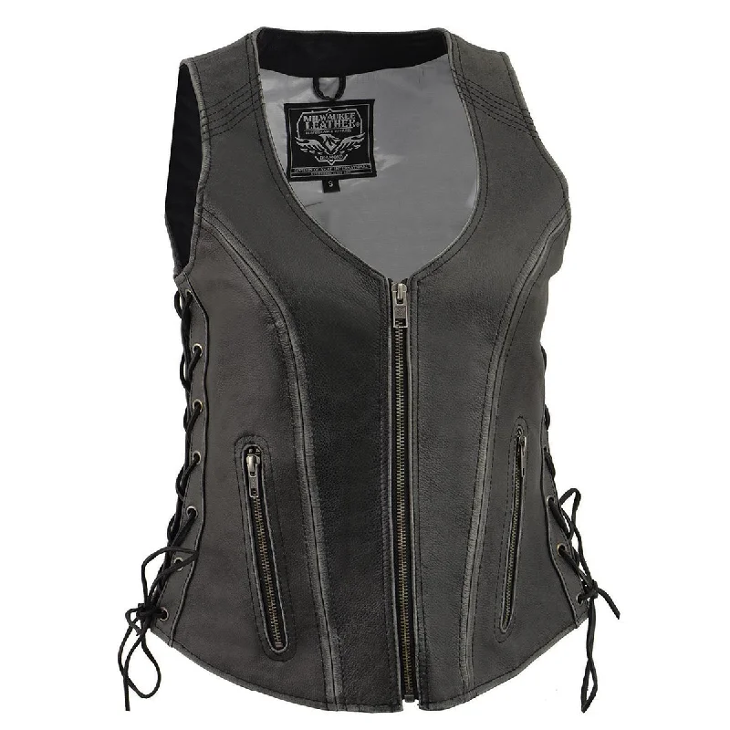 Milwaukee Leather Women's V-Neck Distress Grey Premium Leather