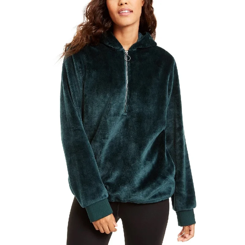 Ideology Women's Faux-Fur Quarter-Zip Hoodie Dark Green Size Small