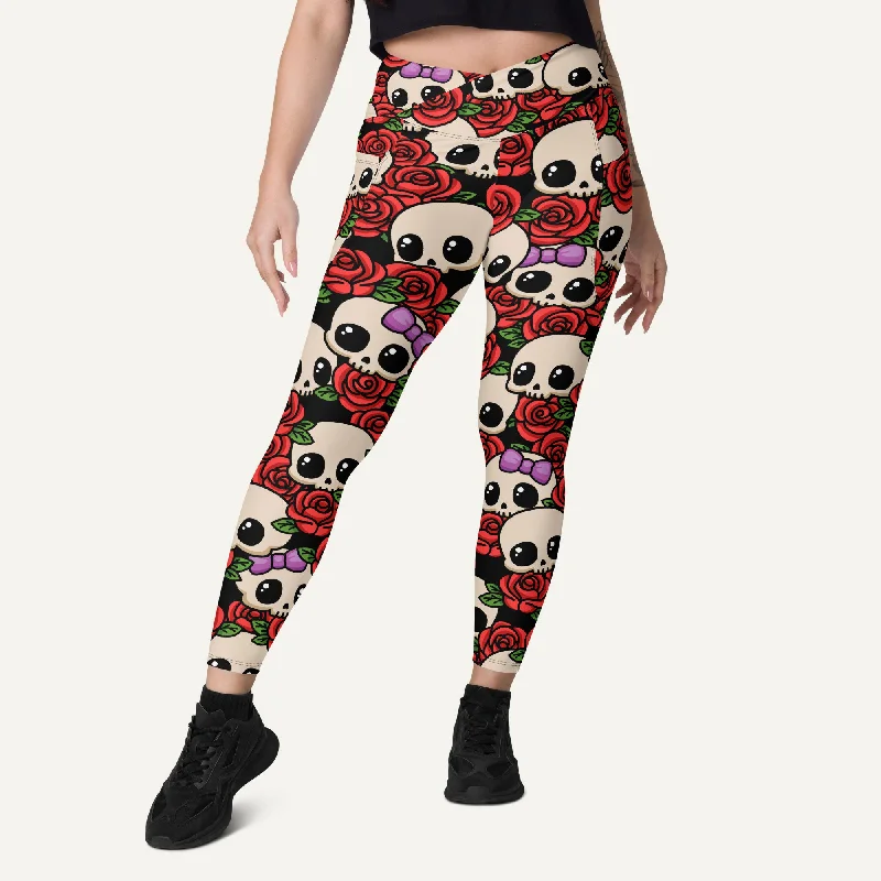 Kawaii Skulls And Roses Crossover Leggings With Pockets