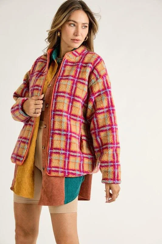 Plus Women's Magenta Orange Plaid fleece zip up jacket