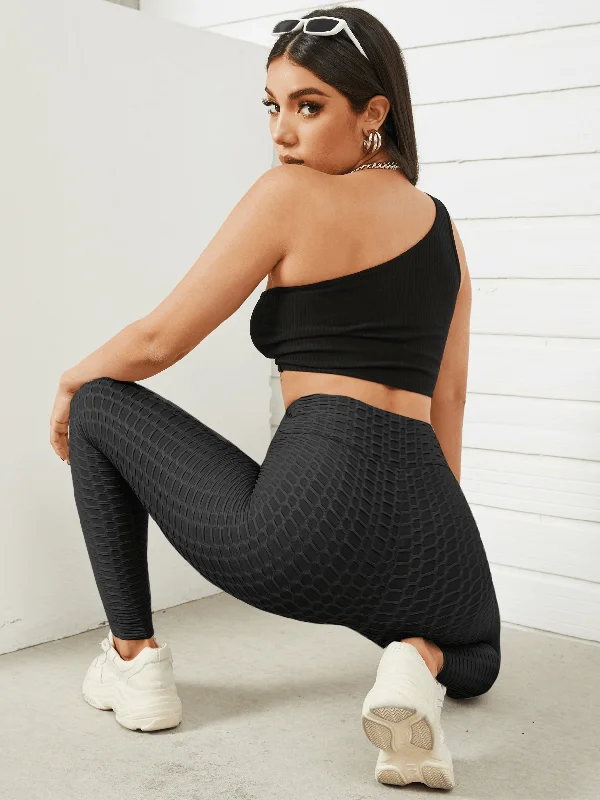 Women Solid Color Texture Sporty Elastic Waist Super Stretch Leggings