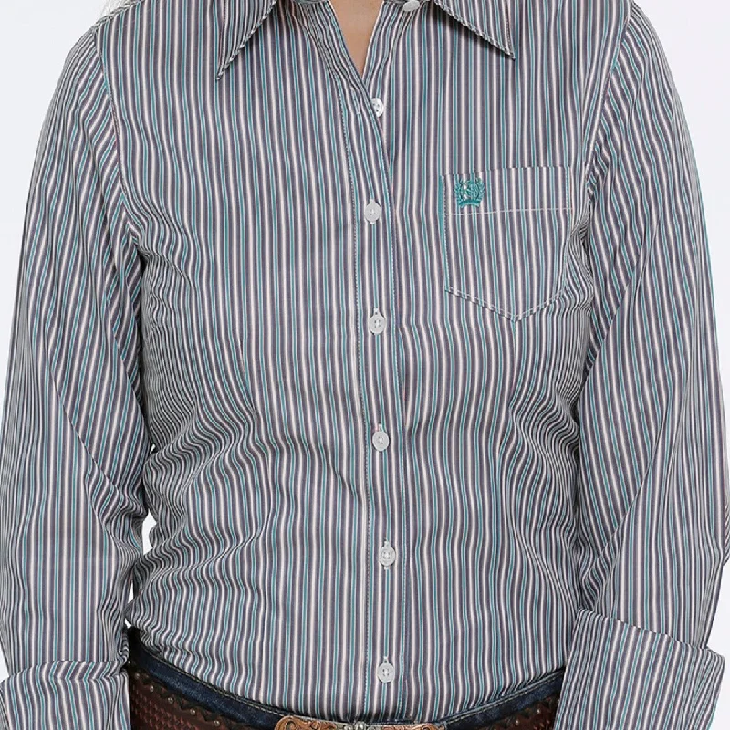 Cinch Women's L/S Tri-Color Stripe Tencel Button Down Shirt- Navy, Teal, Cream