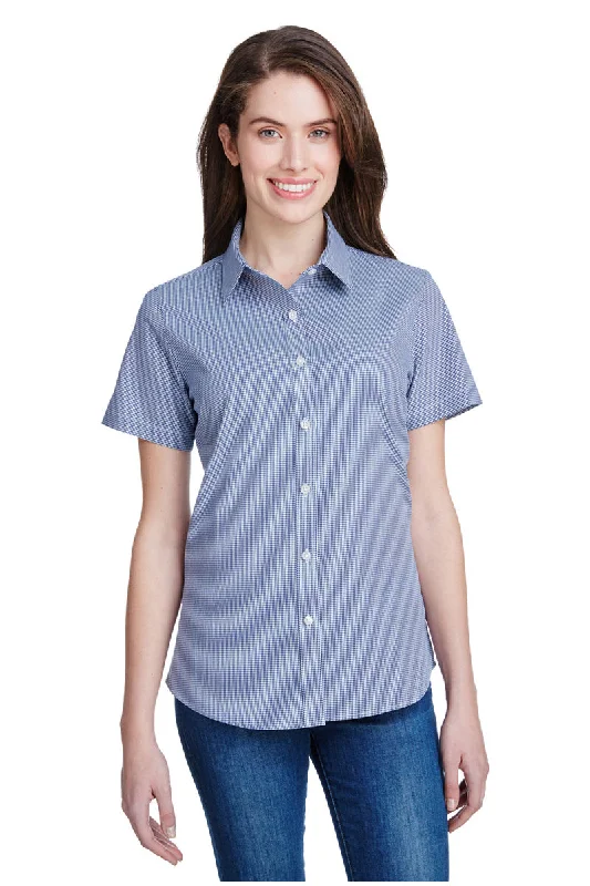 Women's Microcheck Short Sleeve Cotton Shirt (Navy / White)