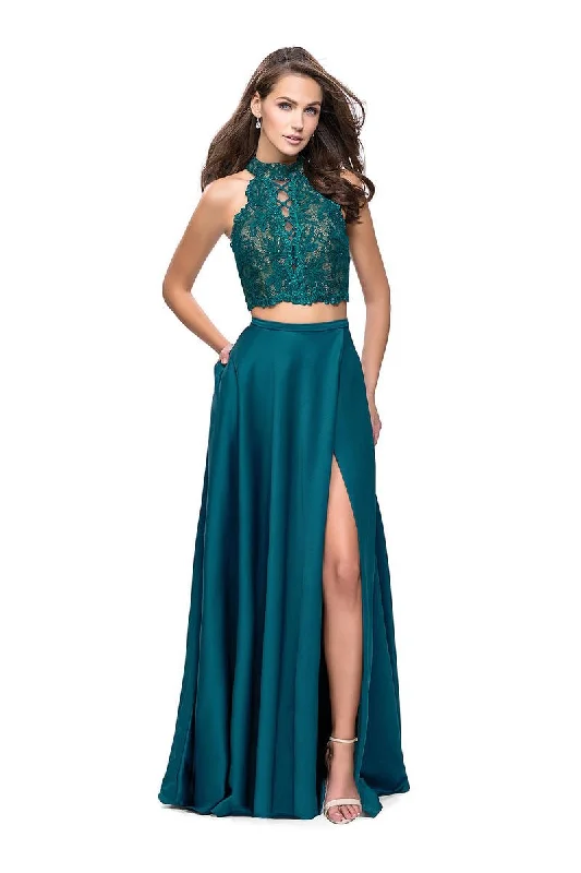 La Femme - 25263 Two-Piece High Halter Lace Up Bodice A-Line Gown