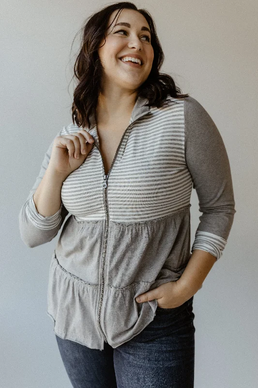 ZIP-UP RUFFLE OVERPIECE IN OFF-WHITE AND HEATHER GREY