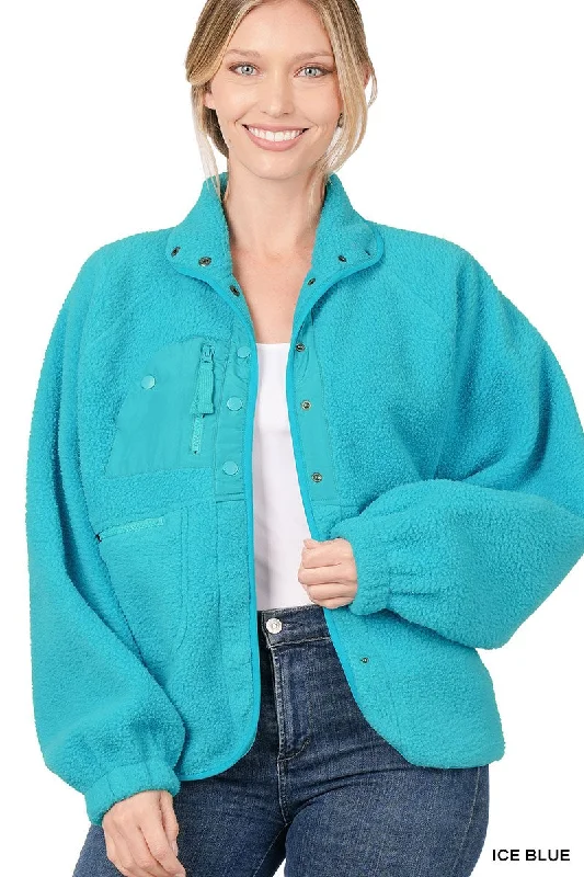 SNAP BUTTON FLEECE JACKET - Ice Blue