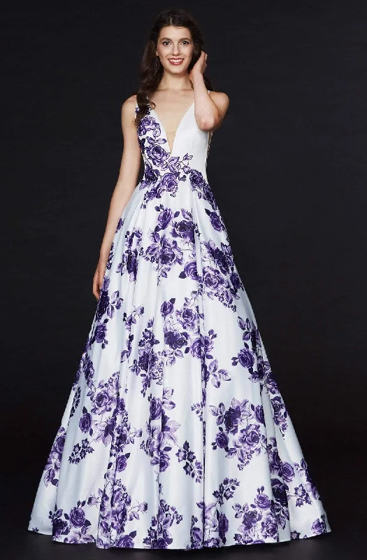 Angela & Alison - 91019 Deep V-neck Floral Satin A-line Dress