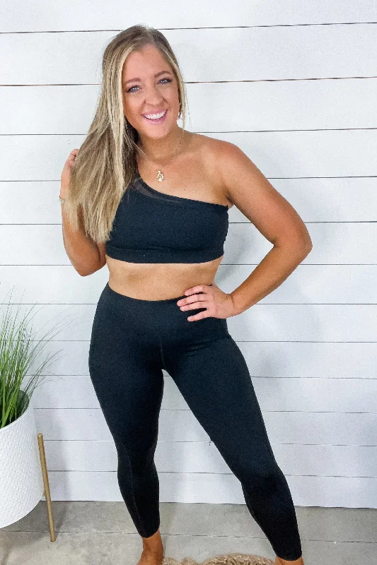 Don't Mesh With Me- {One Shoulder Sports Bra OR Leggings} Black Workout Set