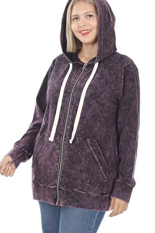 Plus Size Mineral Wash Zipper Hoodie Jacket