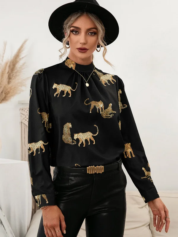 Call of the Wild Leopard Graphic Mock Neck Puff Sleeve Blouse