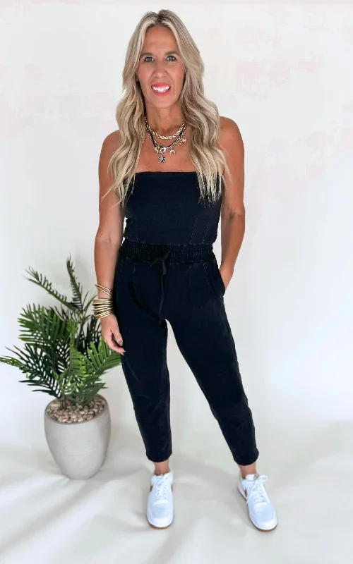 Cotton Blend Strapless Tapered Leg Jumpsuit | MONO B