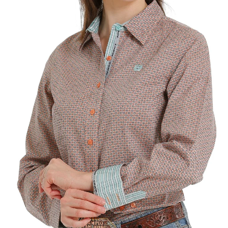 Cinch Women's L/S Blush and Blue Diamond Print Western Button Down Shirt