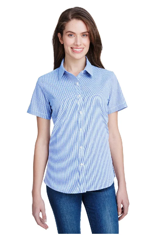 Women's Microcheck Short Sleeve Cotton Shirt (Light Blue / White)