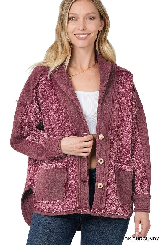 Women's Wine color Vintage heavy french terry button down jacket