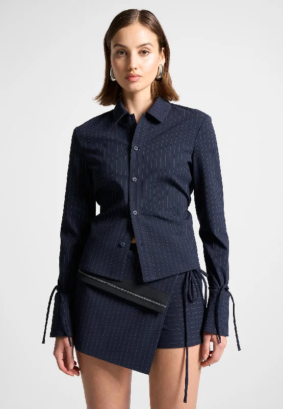 Pinstripe Cinch Tailored Shirt with Ties - Navy