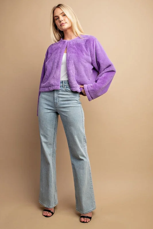 WOMENS Faux Fur and Round Neck Crop Jacket in Lilac