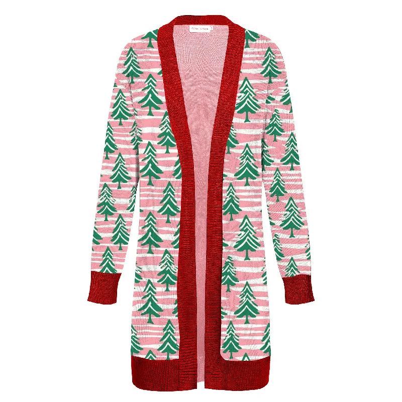 Women's long red jacquard cardigan sweater