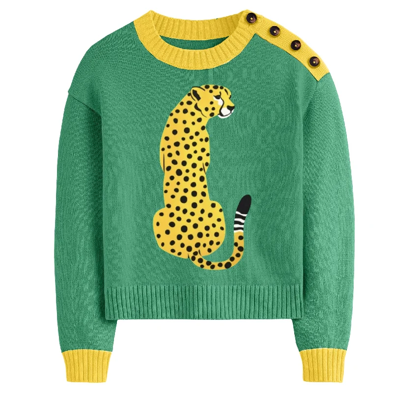 Women's green leopard jacquard sweater