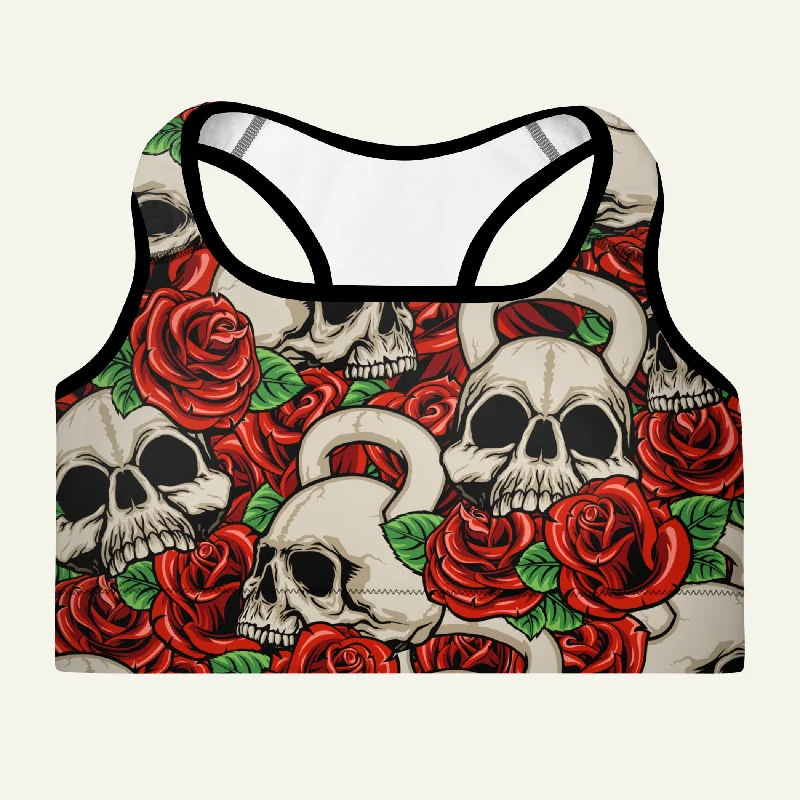 Kettlebell Skull And Roses Padded Sports Bra