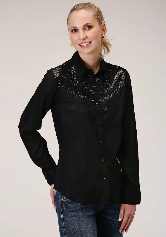 Roper Womens Sequin Boyfriend Black 100% Rayon L/S Shirt