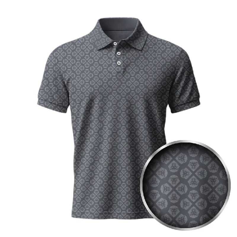 Lion Shield Dark Grey Pattern Print Short Sleeve Polo (Classic Fit)