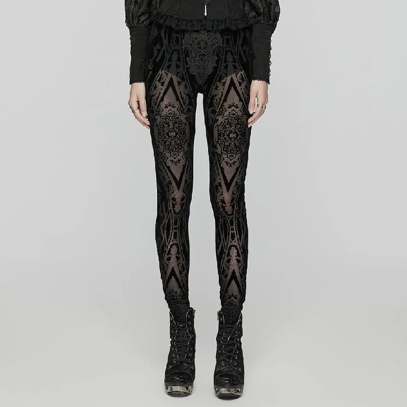 Women's Gothic Floral Embroidered Flocked Mesh Leggings