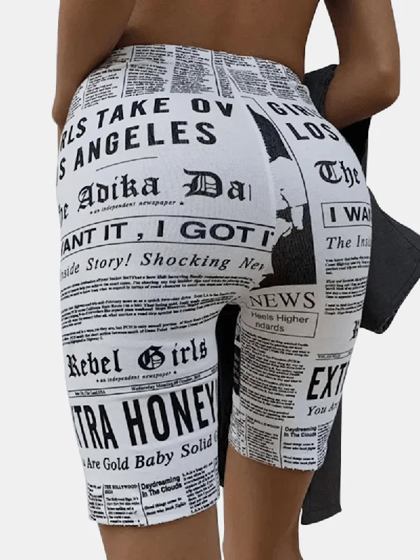 Casual Newspaper Print High Waist Shorts Sport Leggings for Women